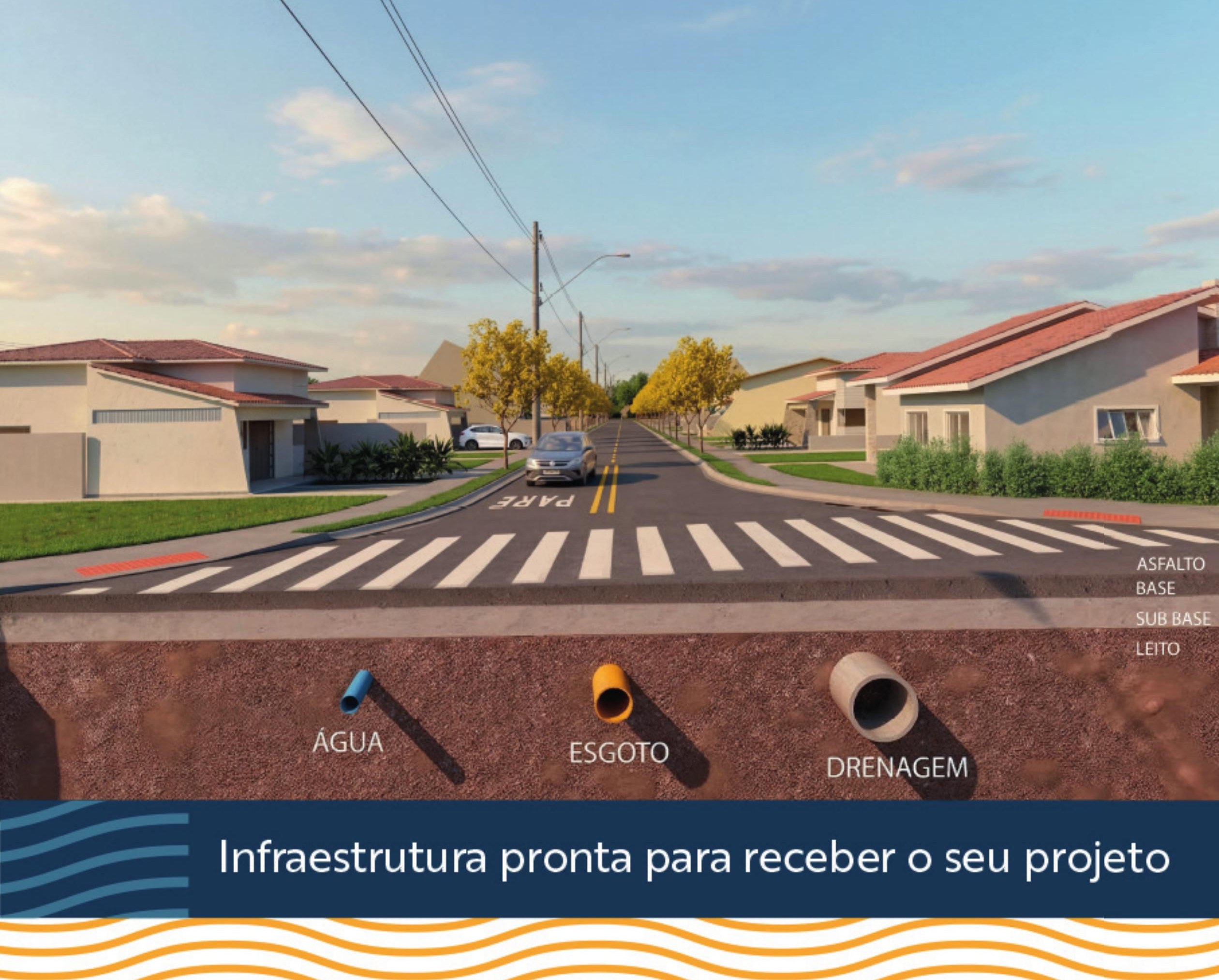 Loteamento Aurora Sumaré — corte ilustrativo da infraestrutura com asfalto, base, sub-base, leito, água, esgoto e drenagem, em Sumaré/SP