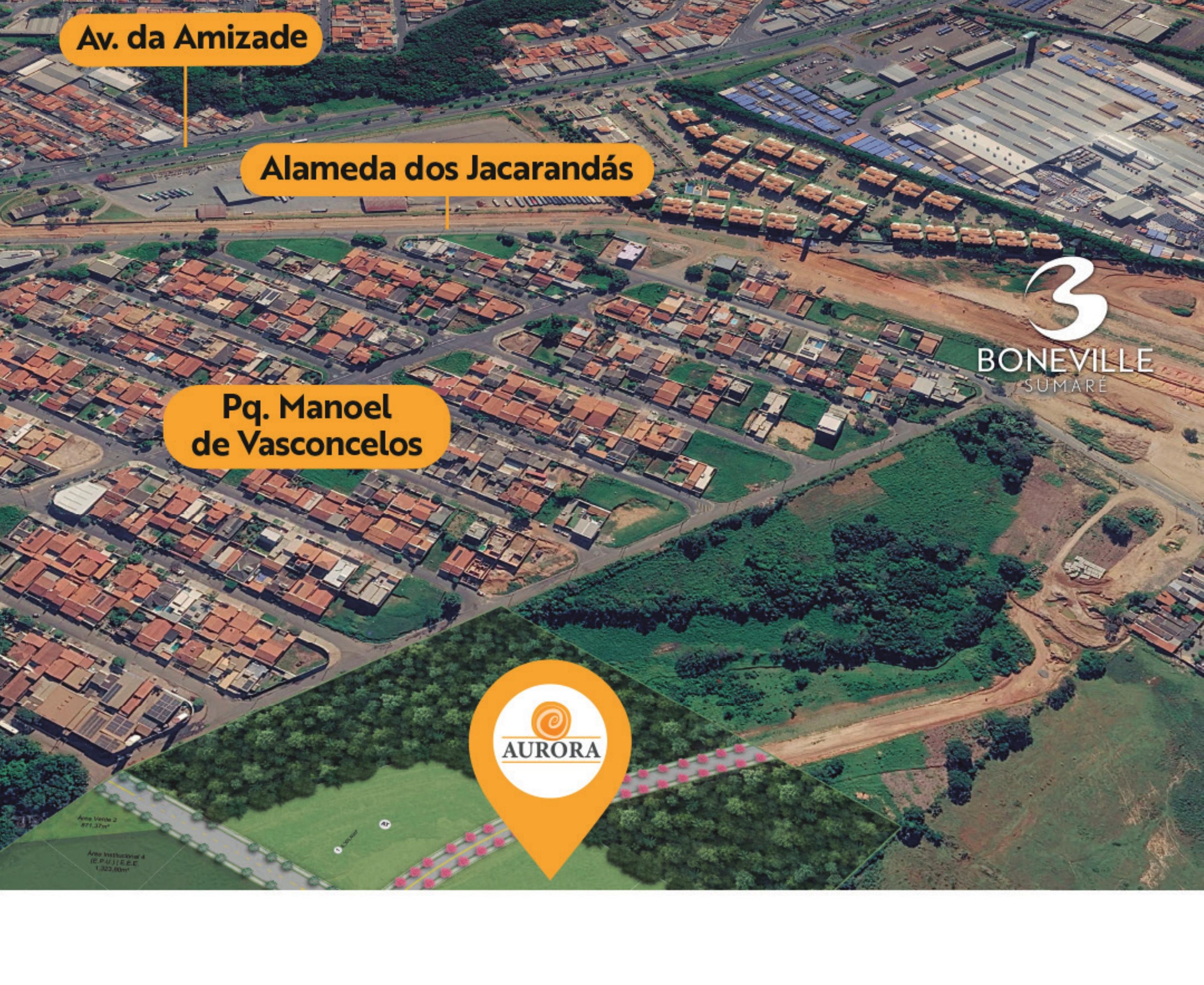 Loteamento Aurora Sumaré — mapa aéreo mostrando a proximidade com a Av. da Amizade e o Centro de Sumaré/SP