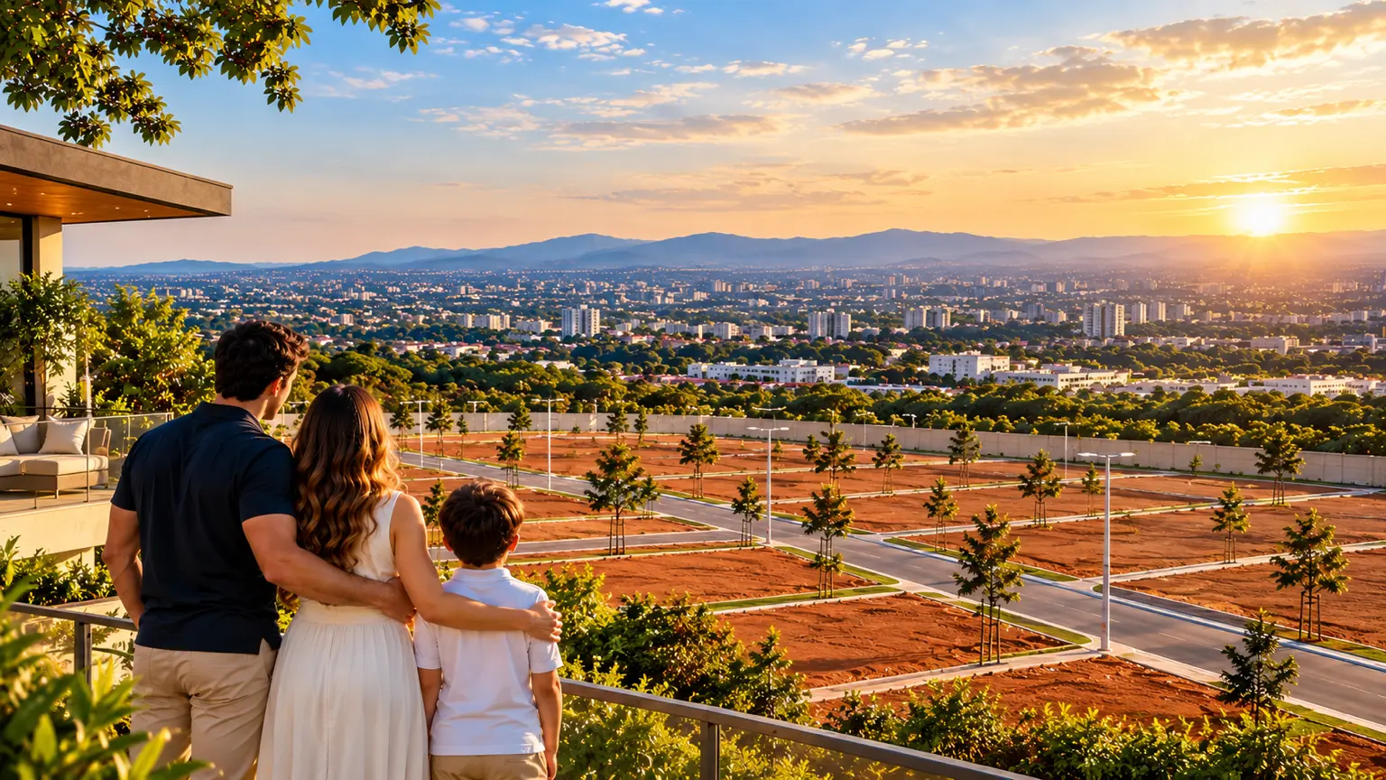 Família contemplando a paisagem do Reserva Taraz em Campinas, representando a proposta residencial do novo loteamento planejado.
