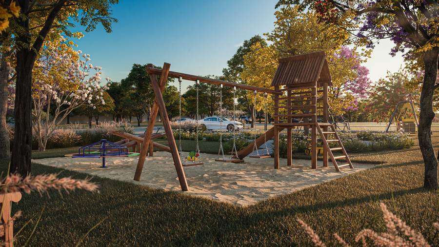 Playground em madeira do Terras de São Bento com balanços, torre e escorregador