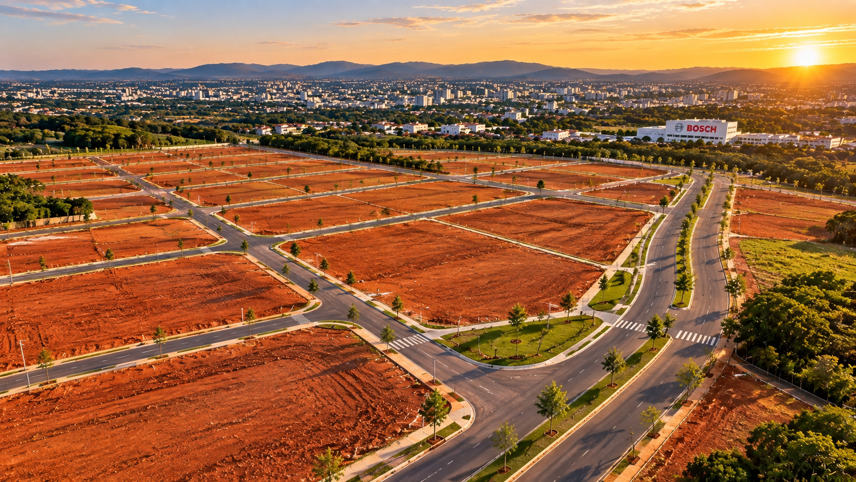 Perspectiva ilustrativa do Reserva Taraz, novo loteamento planejado em Campinas, com boulevard arborizado e áreas residenciais.