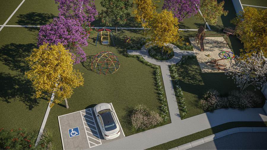 Vista aérea das praças internas do Terras de São Bento com playground, vagas PCD e jardins