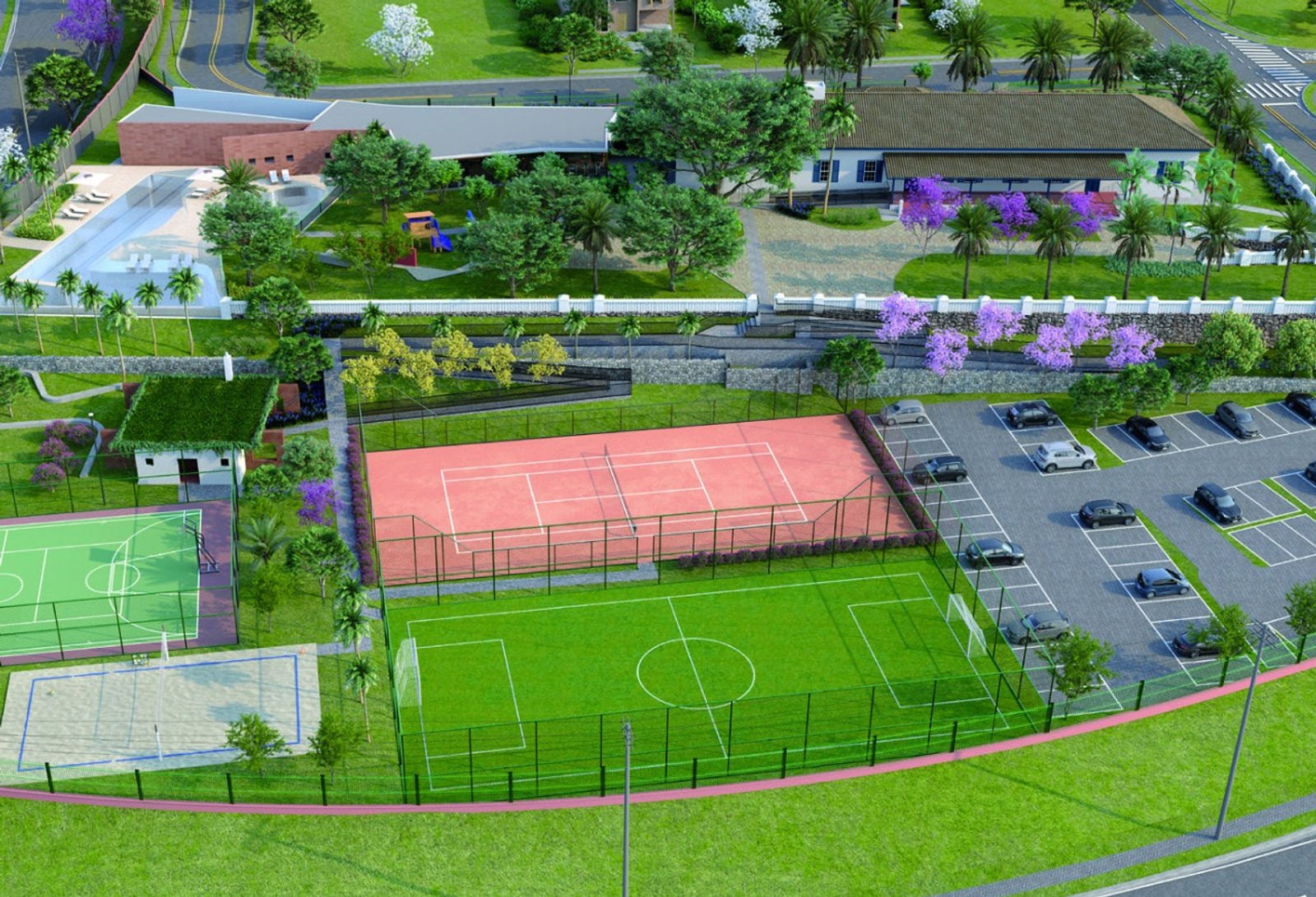 Alphaville Dom Pedro Zero, Campinas/SP — clube com quadra de tênis, campo de futebol, beach tennis e piscina.