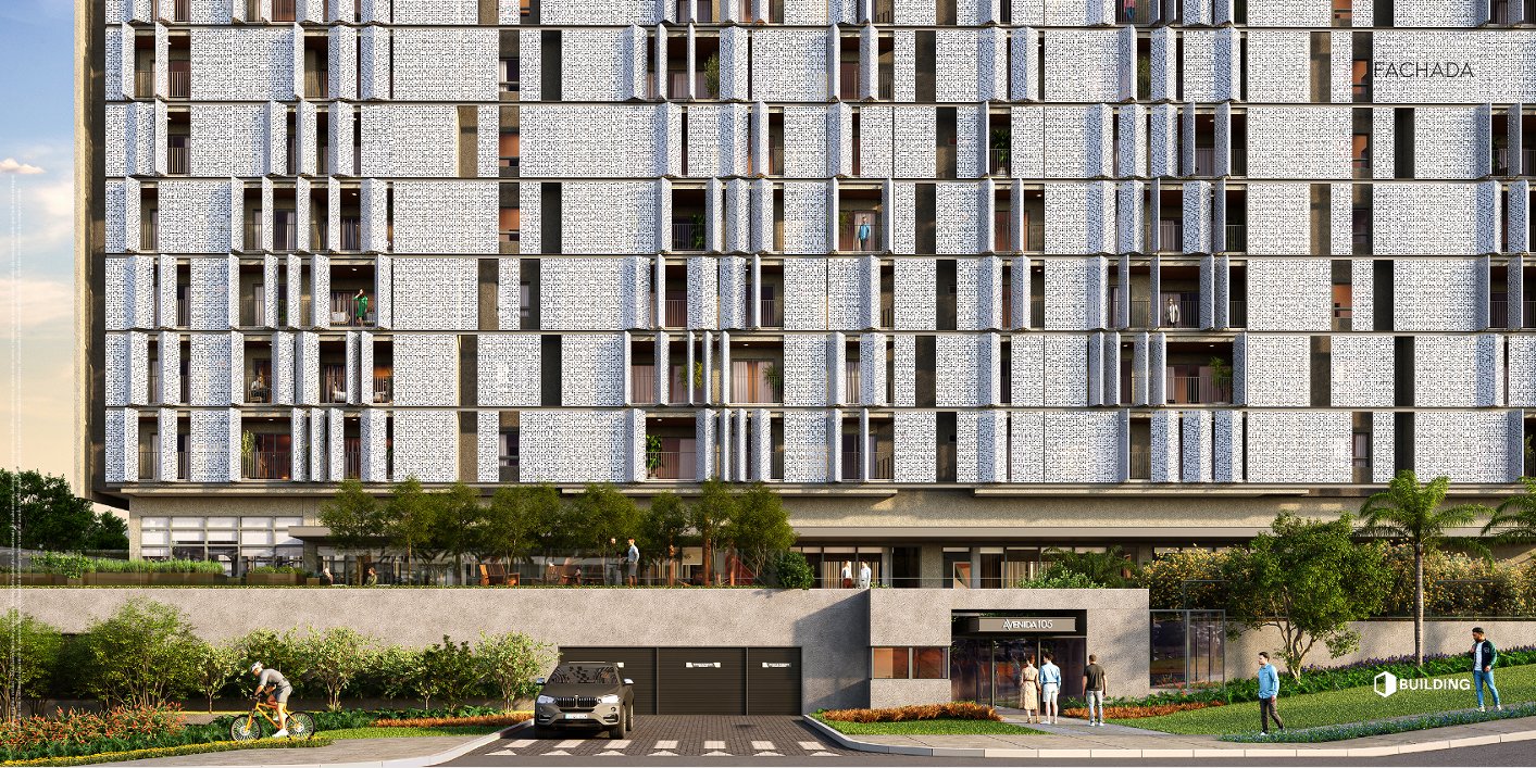 Avenida 105 Casa Figueira Campinas — fachada do edifício de lâmina única com brises metálicos, apartamentos de alto padrão em Campinas/SP Avenida 105 Casa Figueira Campinas — fachada do edifício de lâmina única com brises metálicos, apartamentos de alto padrão em Campinas/SP
