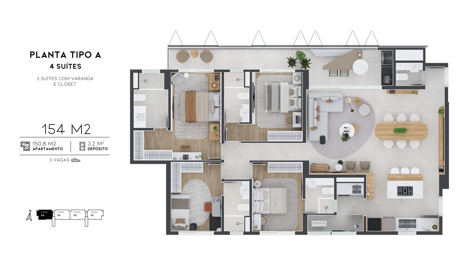 Avenida 105 Casa Figueira Campinas — planta de 154m² com 4 suítes Avenida 105 Casa Figueira Campinas — planta tipo A de 154m² com 4 suítes do apartamento de alto padrão em Campinas/SP