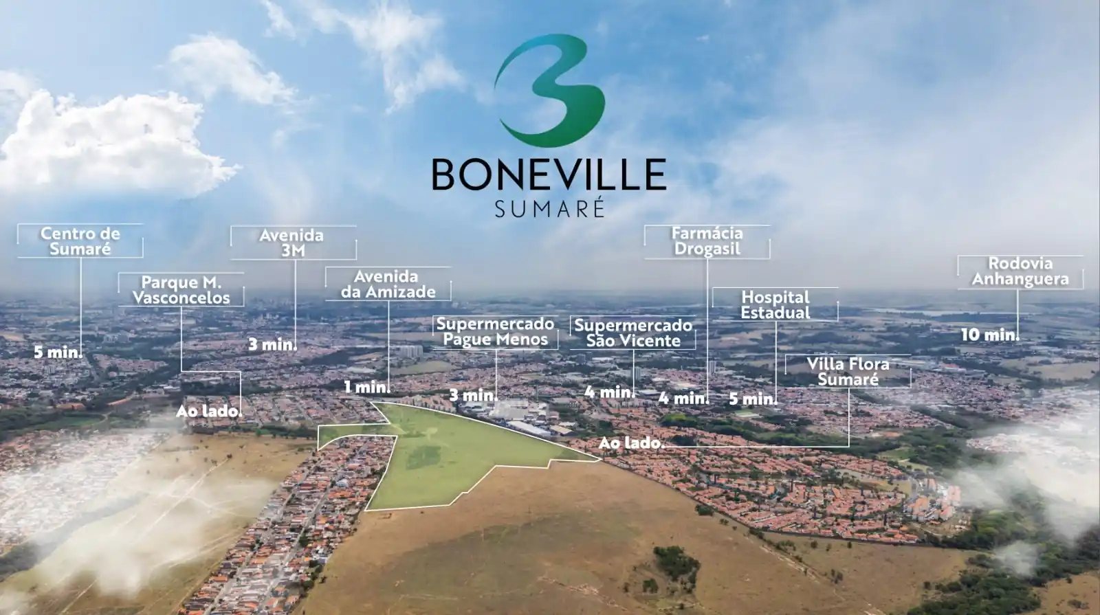 Bonneville Sumaré — mapa de localização do bairro planejado ao lado do Villa Flora e da Avenida da Amizade, em Sumaré/SP