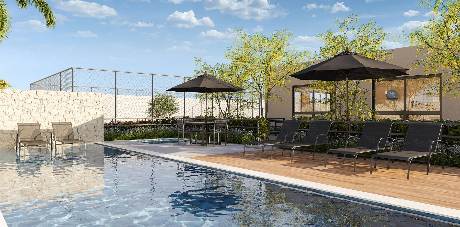 Piscina adulto e infantil com deck molhado — Residencial Maziero, Betel Paulínia