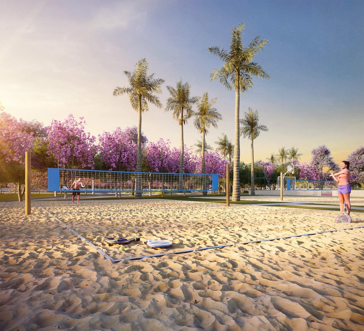 Parque dos Pinheiros, Monte Mor/SP — quadra de beach tennis do complexo esportivo do loteamento residencial.