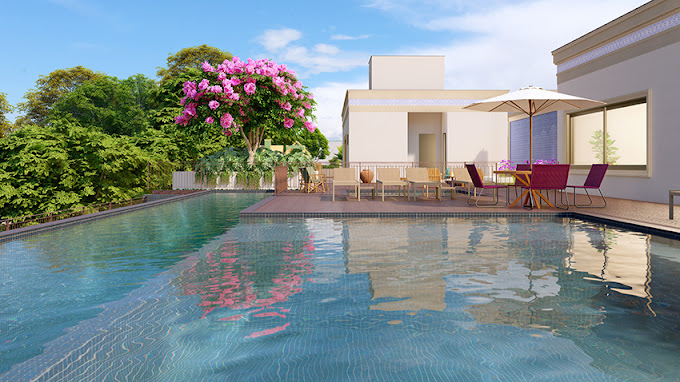 Residencial Quinta dos Verdes Paulínia — piscina do clube com espaço de convívio do condomínio fechado em Paulínia/SP