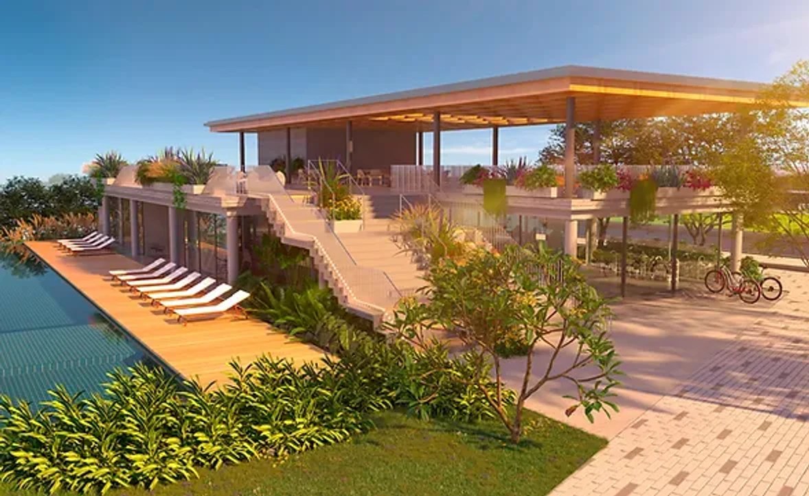 Área de lazer do Reserva Serena Campinas com deck e espaço de convivência, em Campinas.
