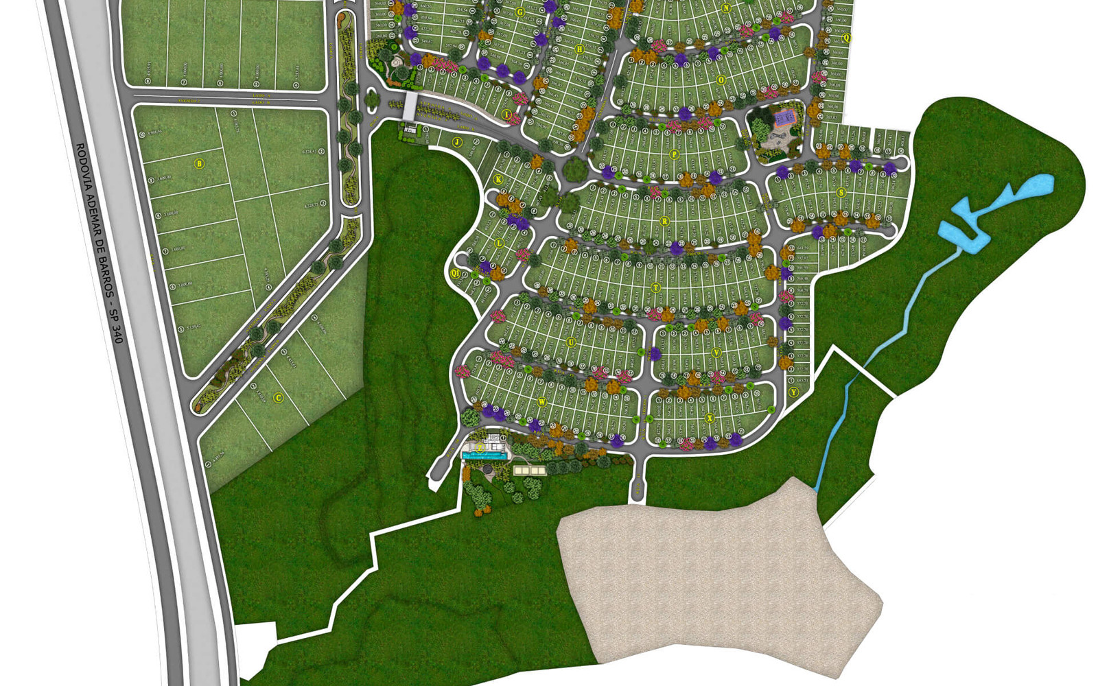 Implantação com os lotes residenciais do Serena Campinas e ruas arborizadas do loteamento.