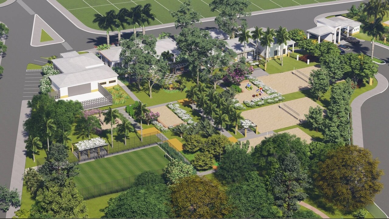 Terras da Fazenda Paulínia — perspectiva aérea da praça central e do sistema de lazer do condomínio de lotes em Paulínia/SP