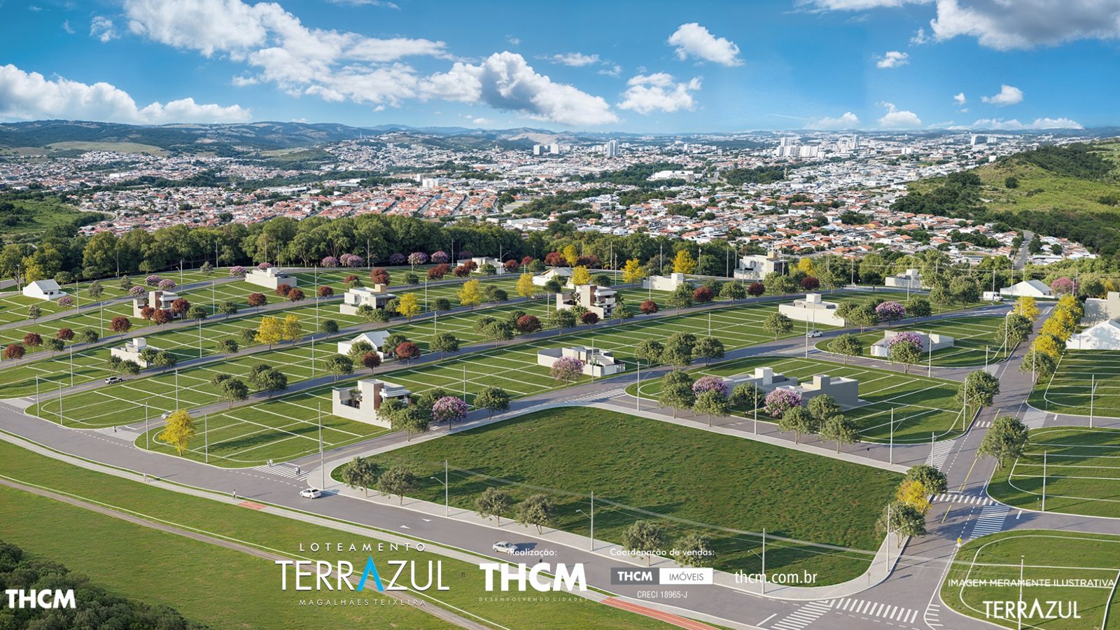 Terrazul Magalhães Teixeira Campinas — perspectiva aérea do loteamento Terrazul Magalhães Teixeira Campinas — perspectiva aérea do bairro planejado com lotes de 140m² em Campinas/SP