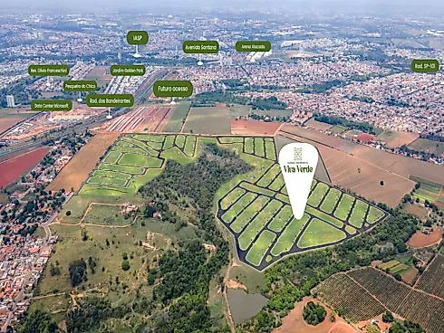 Mapa aéreo da localização do Parque Residencial Viva Verde, loteamento próximo da Rodovia dos Bandeirantes e SP-101 em Hortolândia